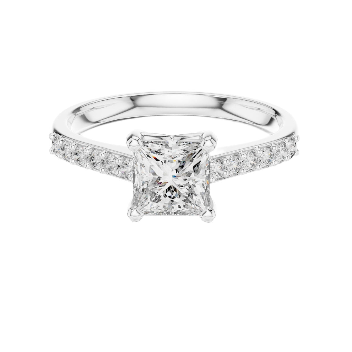 Platinum engagement ring with princess-cut center diamond and pavé diamond halo band