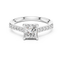 Platinum engagement ring with princess-cut center diamond and pavé diamond halo band