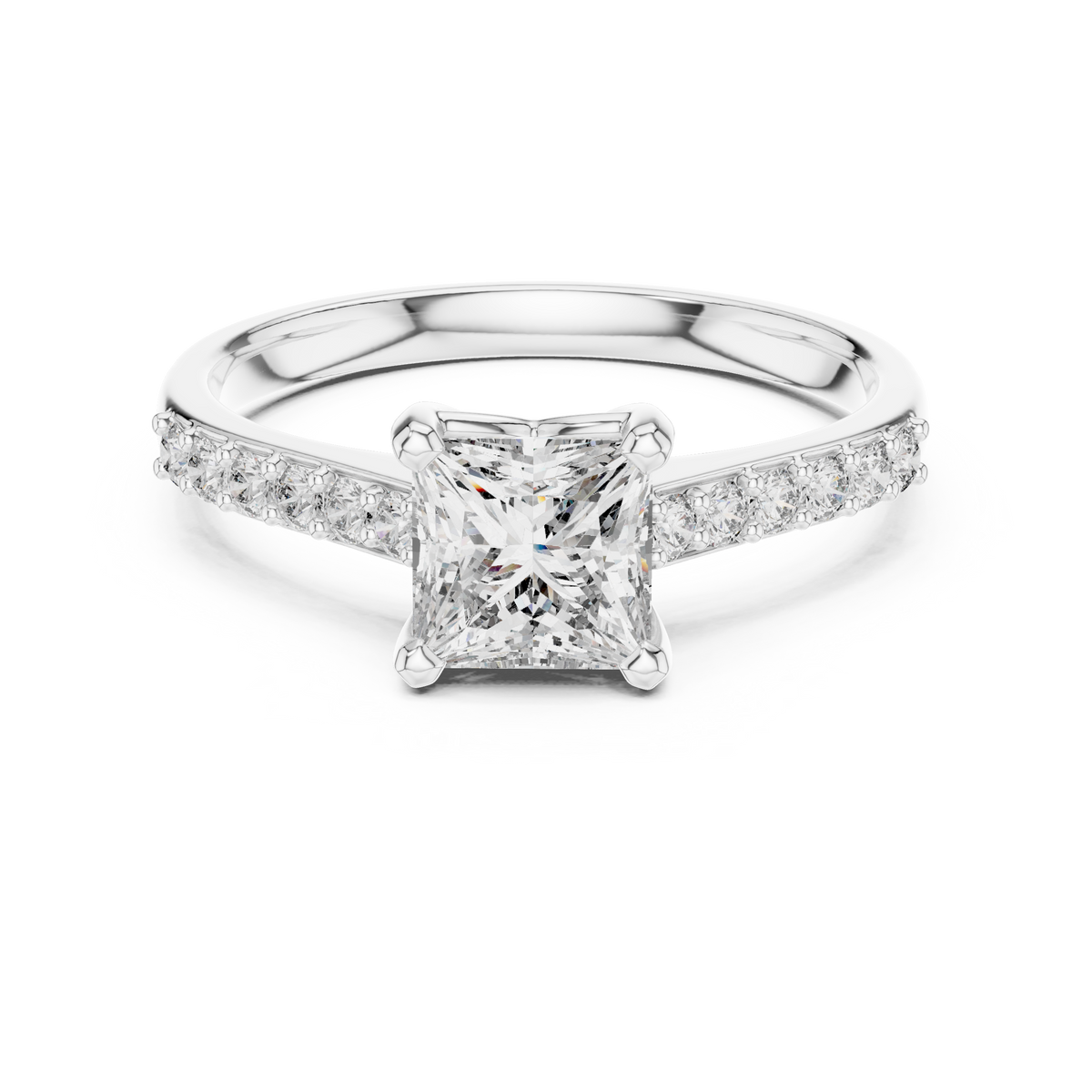 Platinum engagement ring with princess-cut center diamond and pavé diamond halo band