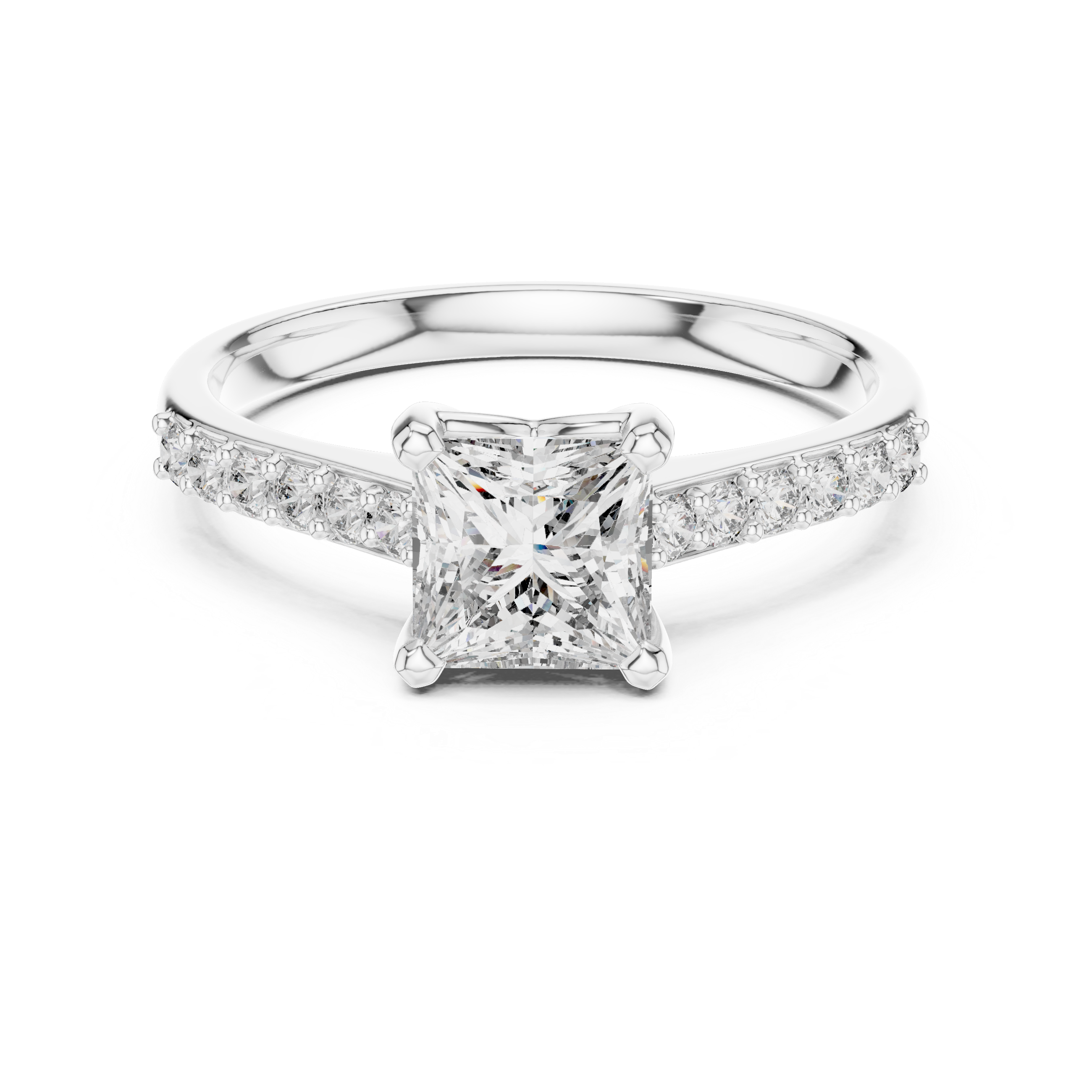 Platinum engagement ring with princess-cut center diamond and pavé diamond halo band