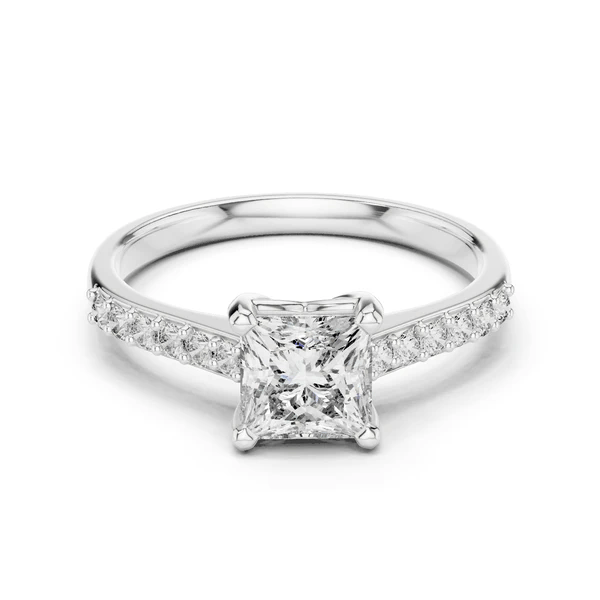 White metal princess-cut diamond ring with pavé band and square center diamond.