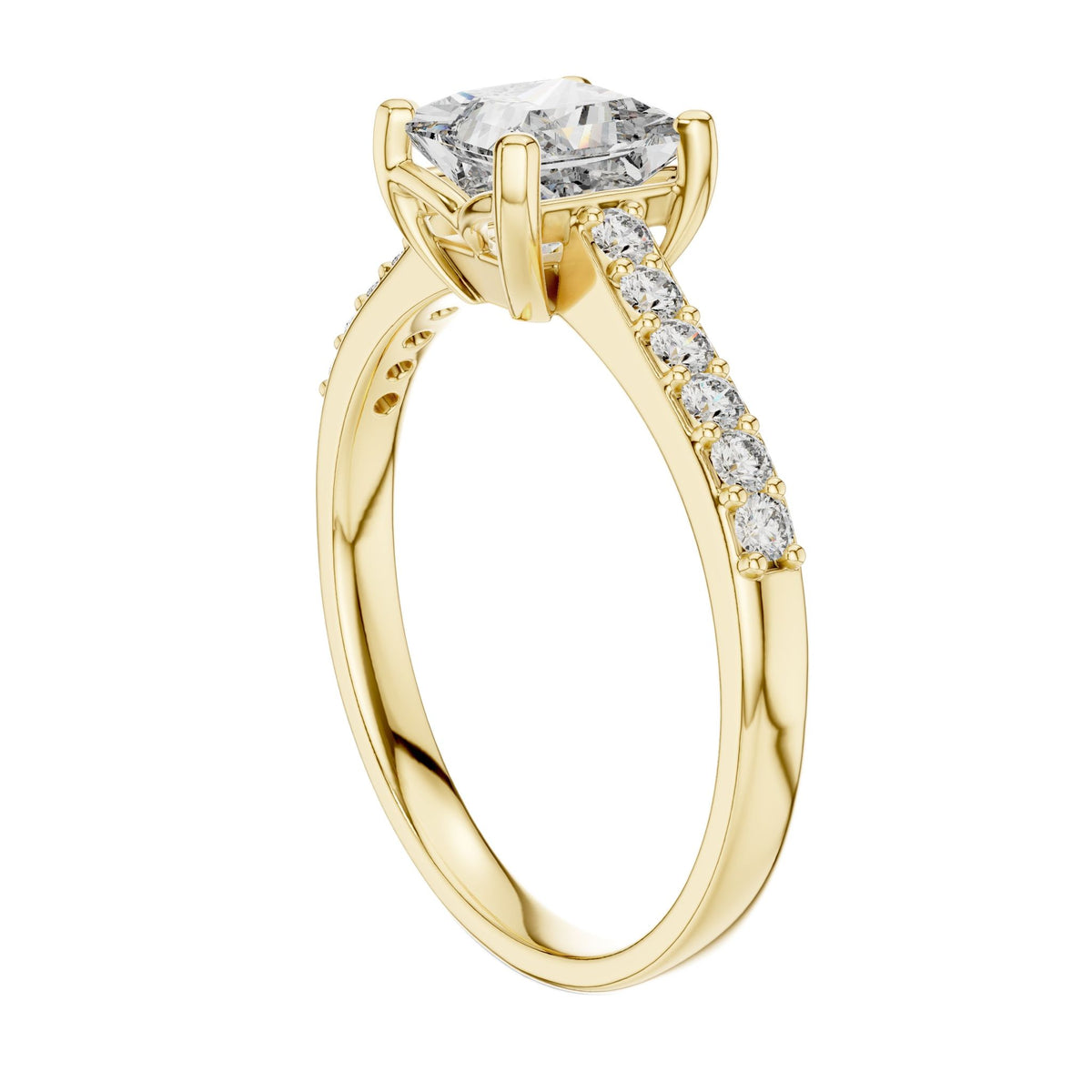 Yellow gold princess-cut diamond ring with round side diamonds, angled view.