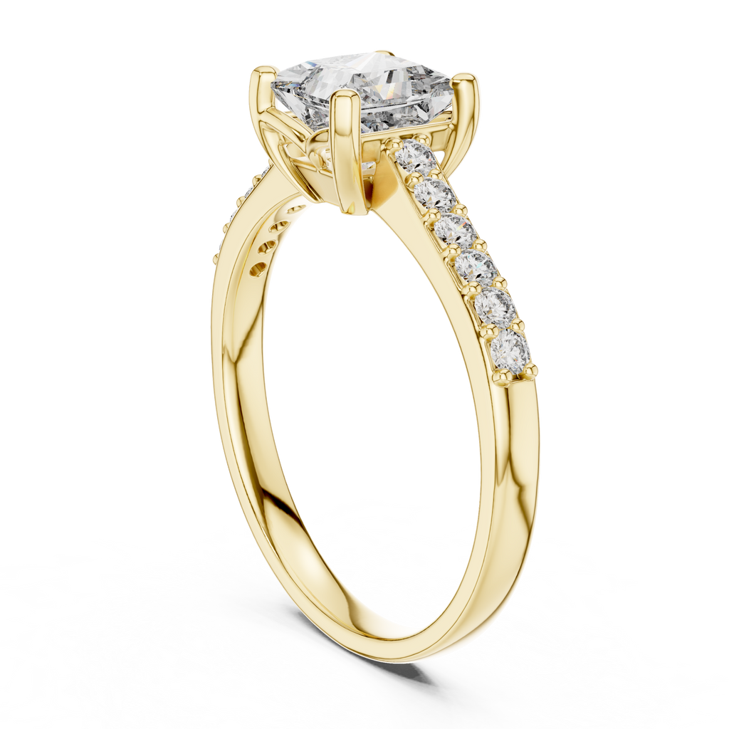 Yellow gold princess-cut pavé engagement ring with rectangular center diamond and diamond band