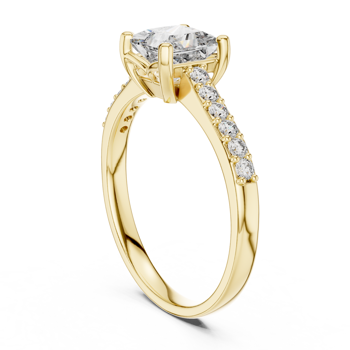 Yellow gold princess-cut diamond ring with round side diamonds, angled view.