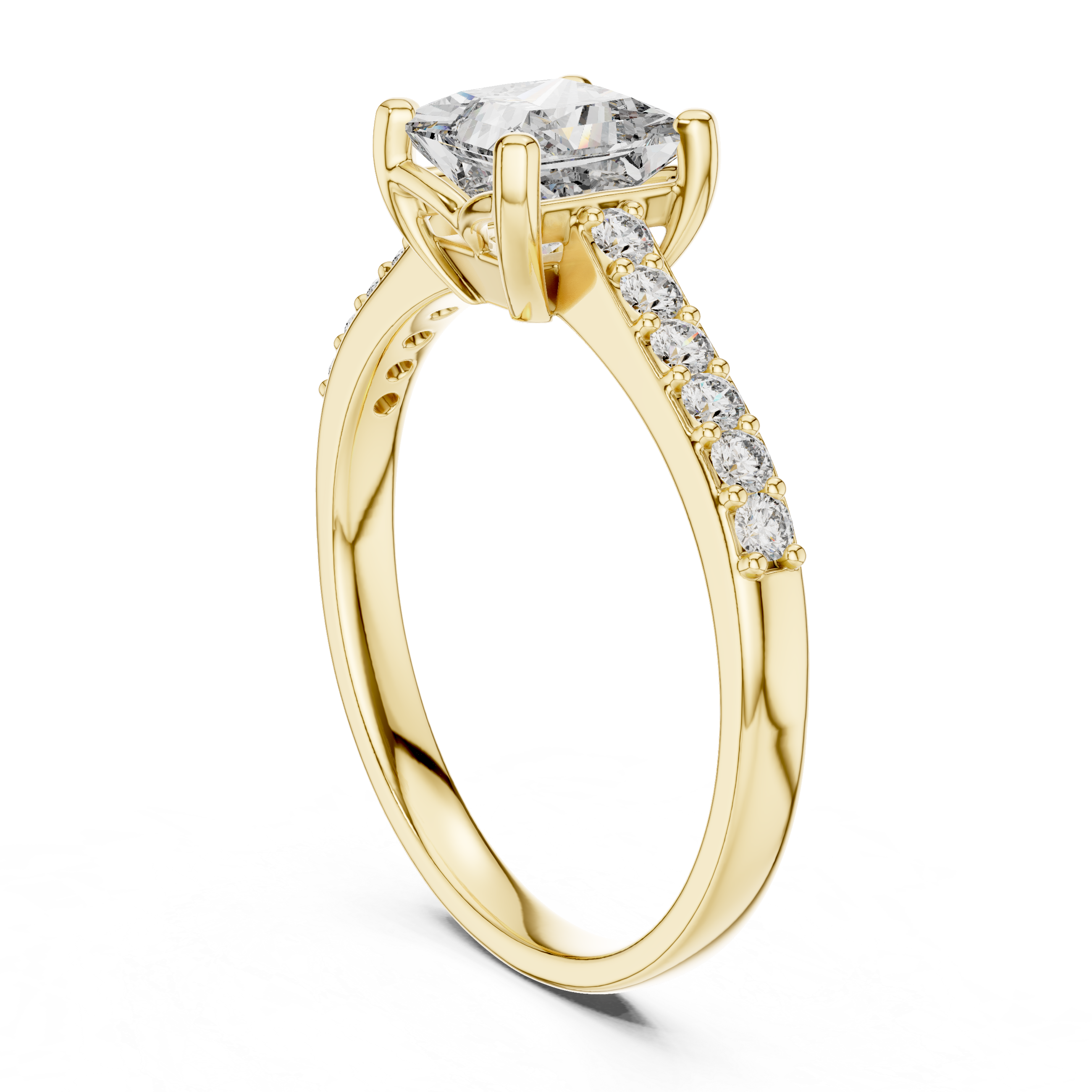 Yellow gold princess-cut pavé engagement ring with rectangular center diamond and diamond band