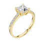 Yellow gold princess-cut diamond ring with channel-set round side diamonds.
