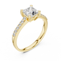 Yellow gold princess-cut diamond ring with channel-set round side diamonds.