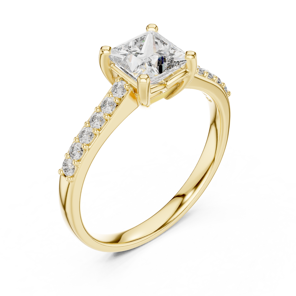 Yellow gold princess-cut pavé engagement ring with rectangular center diamond and side pavé stones