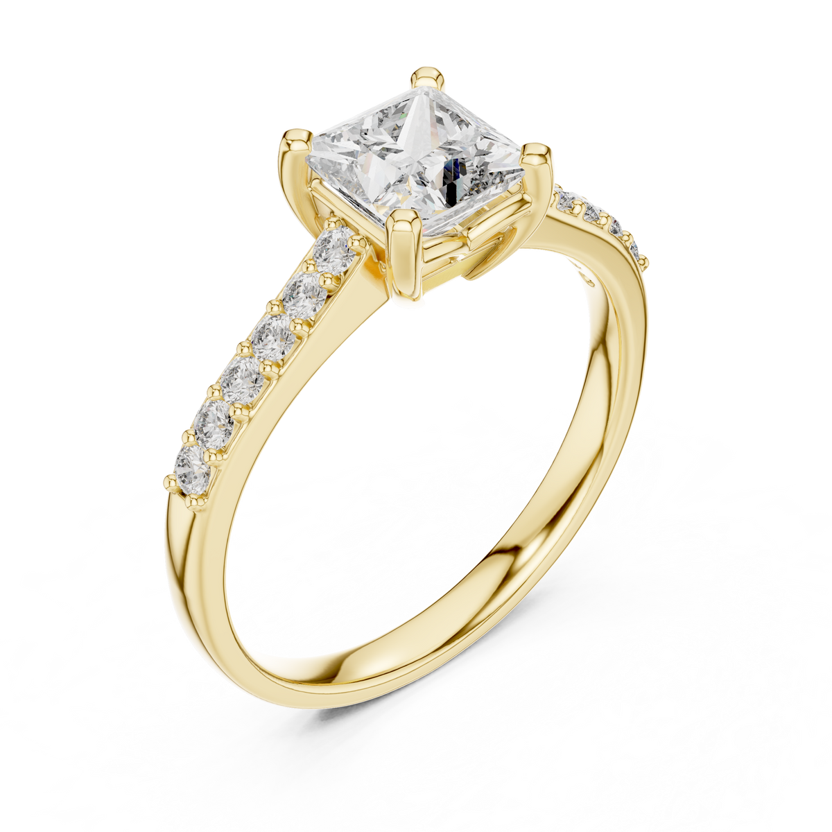 Yellow gold princess-cut diamond ring with channel-set round side diamonds.