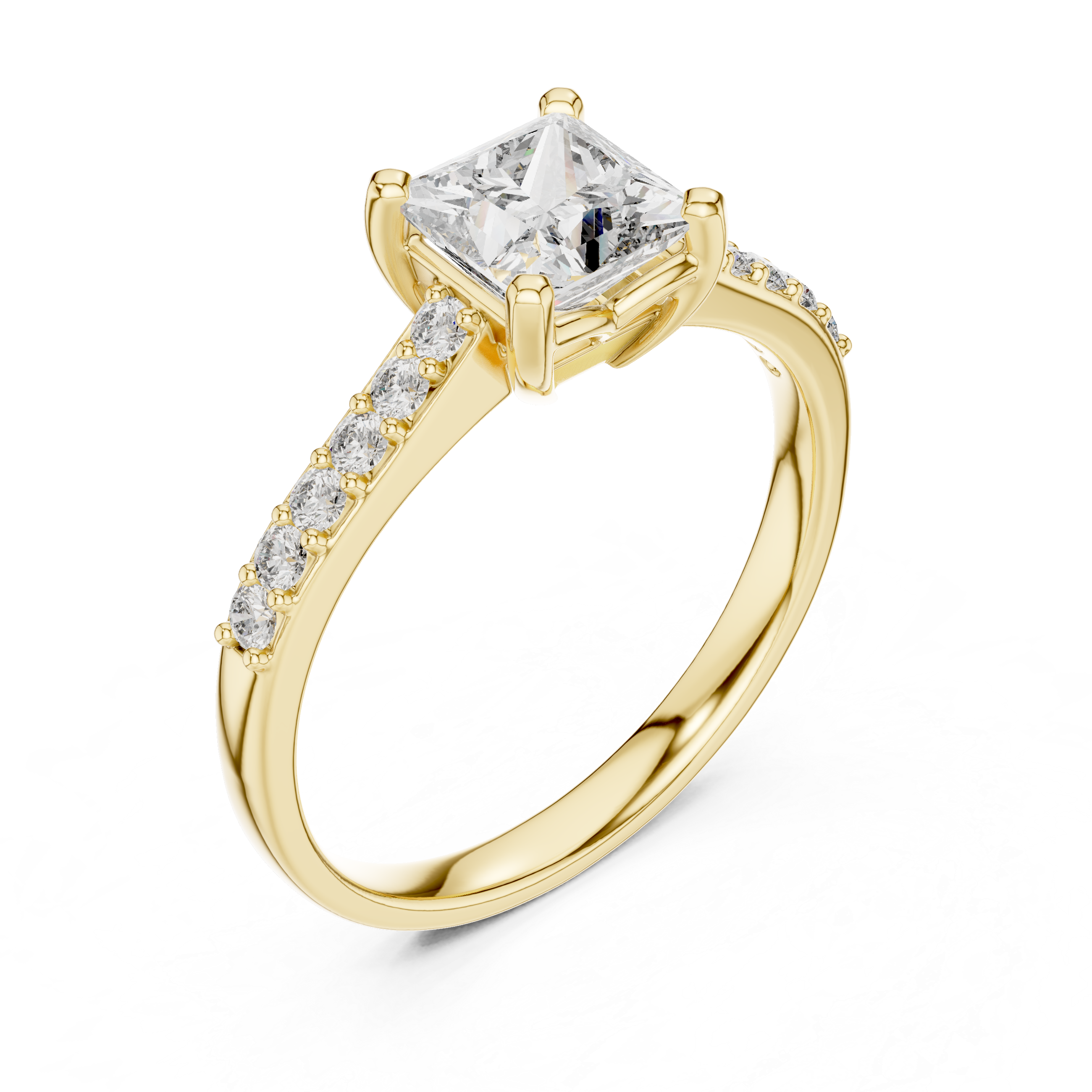 Yellow gold princess-cut pavé engagement ring with rectangular center diamond and side pavé stones