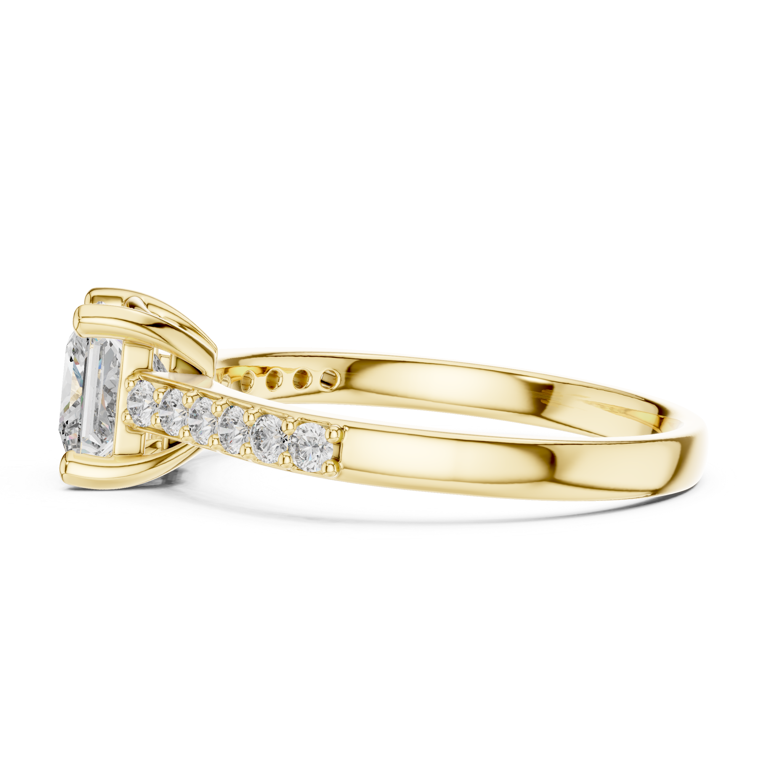 Princess-cut diamond engagement ring with pavé band and yellow gold setting