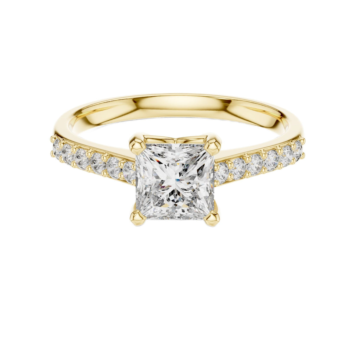 Yellow gold princess-cut diamond ring with pavé shoulders and center diamond.