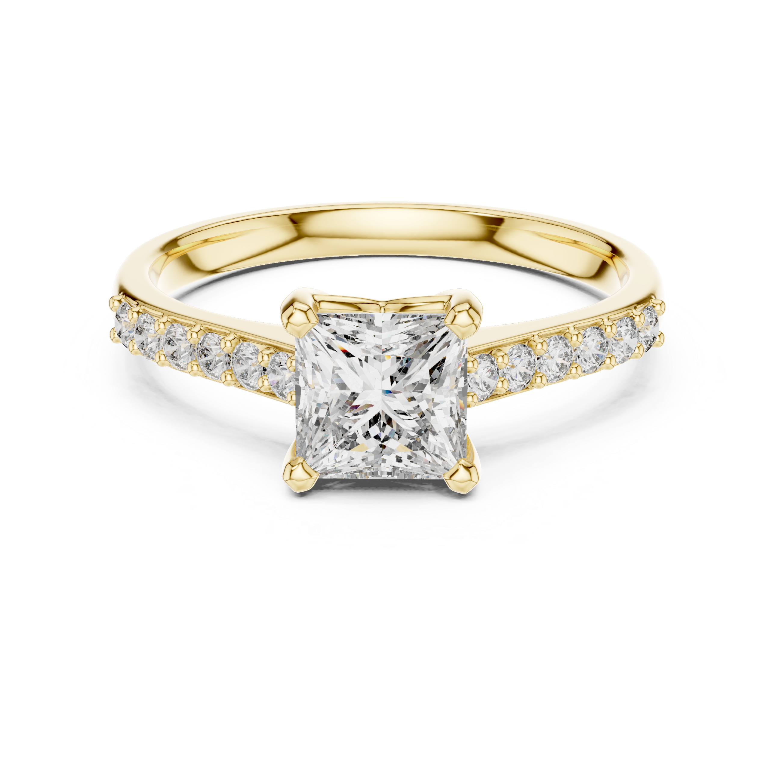 Yellow gold princess-cut diamond ring with pavé shoulders and center diamond.