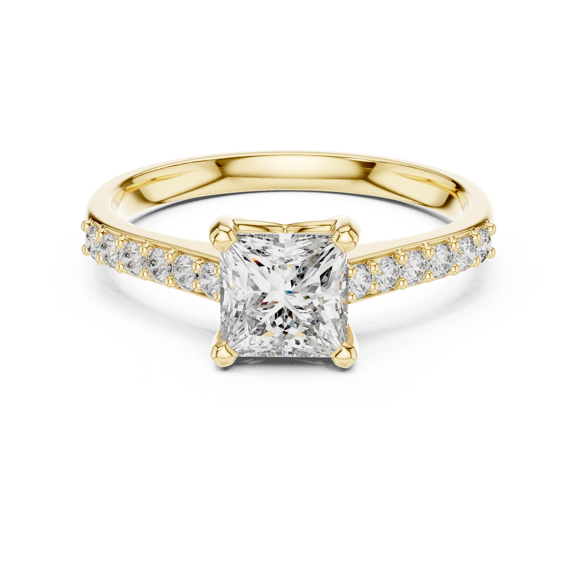 Yellow gold princess-cut diamond ring with pavé shoulders and center diamond.