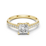 Yellow gold princess-cut diamond ring with pavé diamonds and center princess stone.