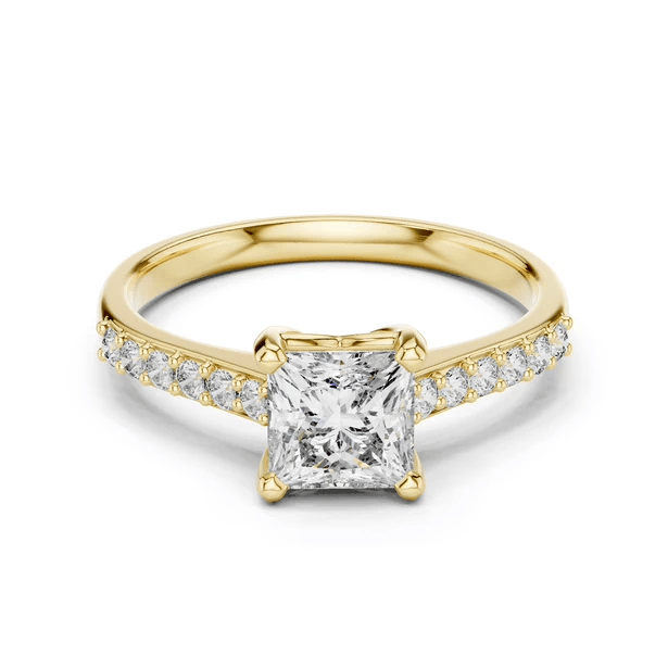Yellow gold princess-cut diamond ring with pavé diamonds and center princess stone.