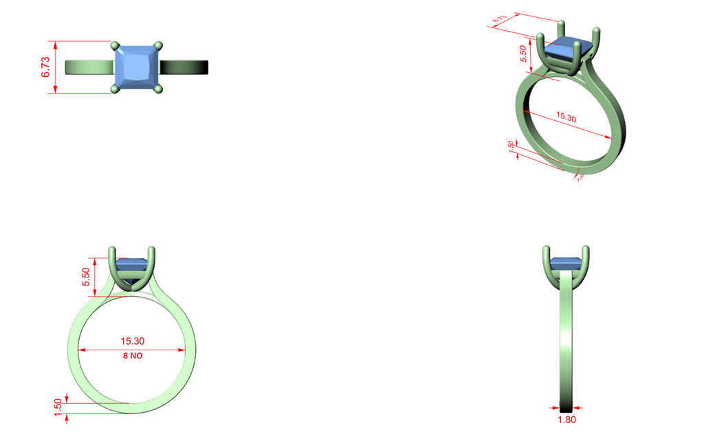 Princess-cut solitaire ring CAD views with four-prong setting and slim band