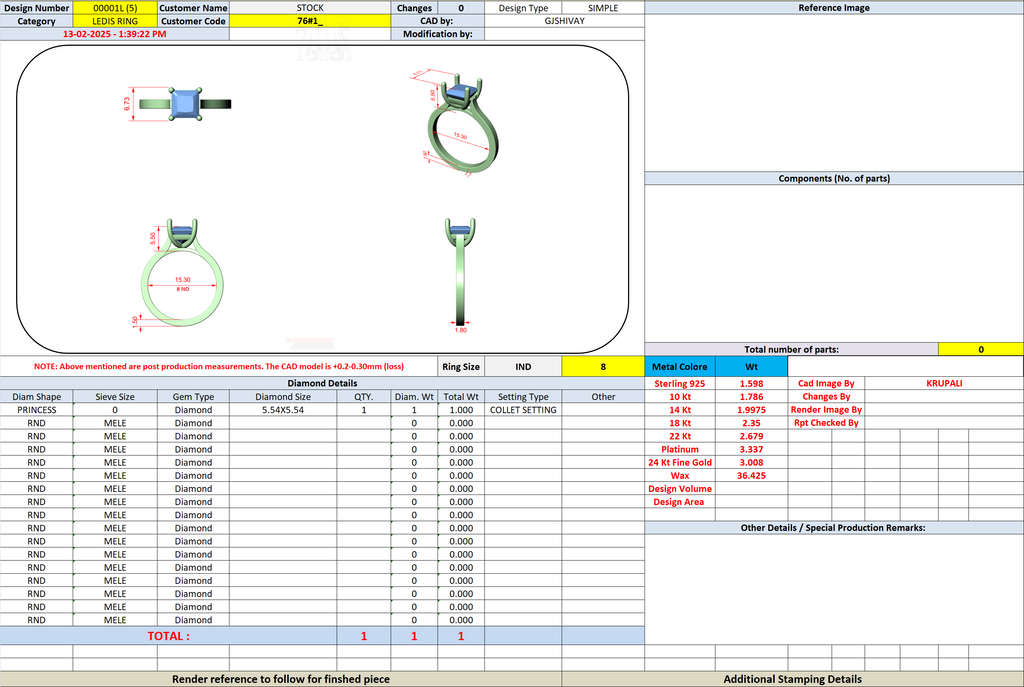 Jewelry design sheet showing princess-cut solitaire ring views, dimensions, and settings