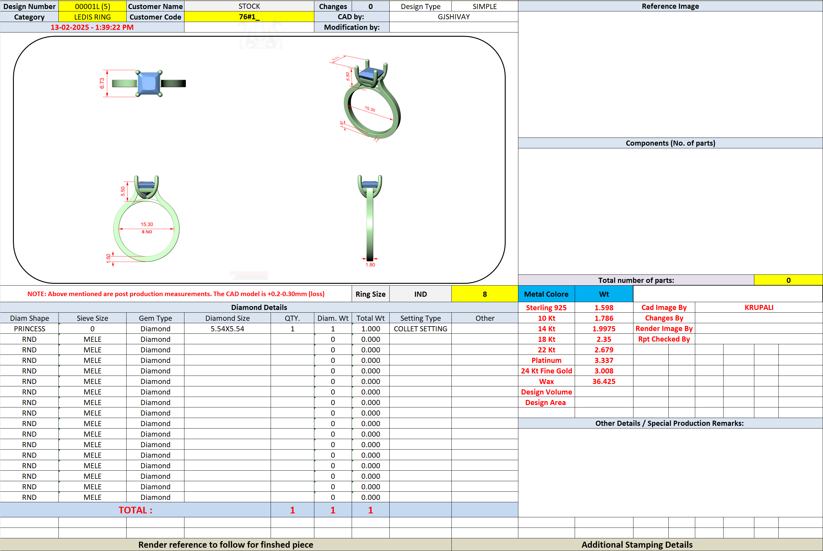 Jewelry design sheet showing princess-cut solitaire ring views, dimensions, and settings
