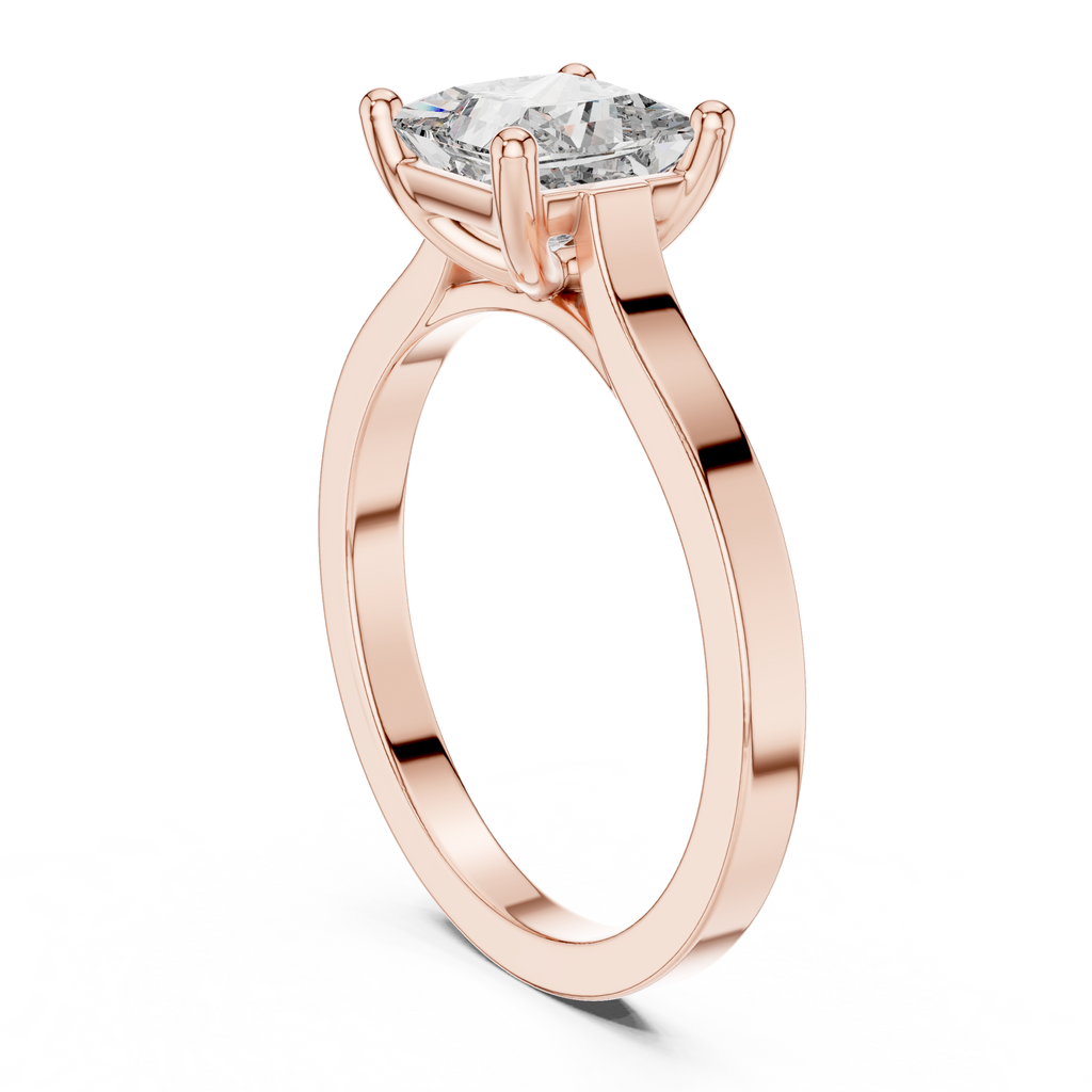 Rose gold princess-cut solitaire engagement ring with square center diamond, side view
