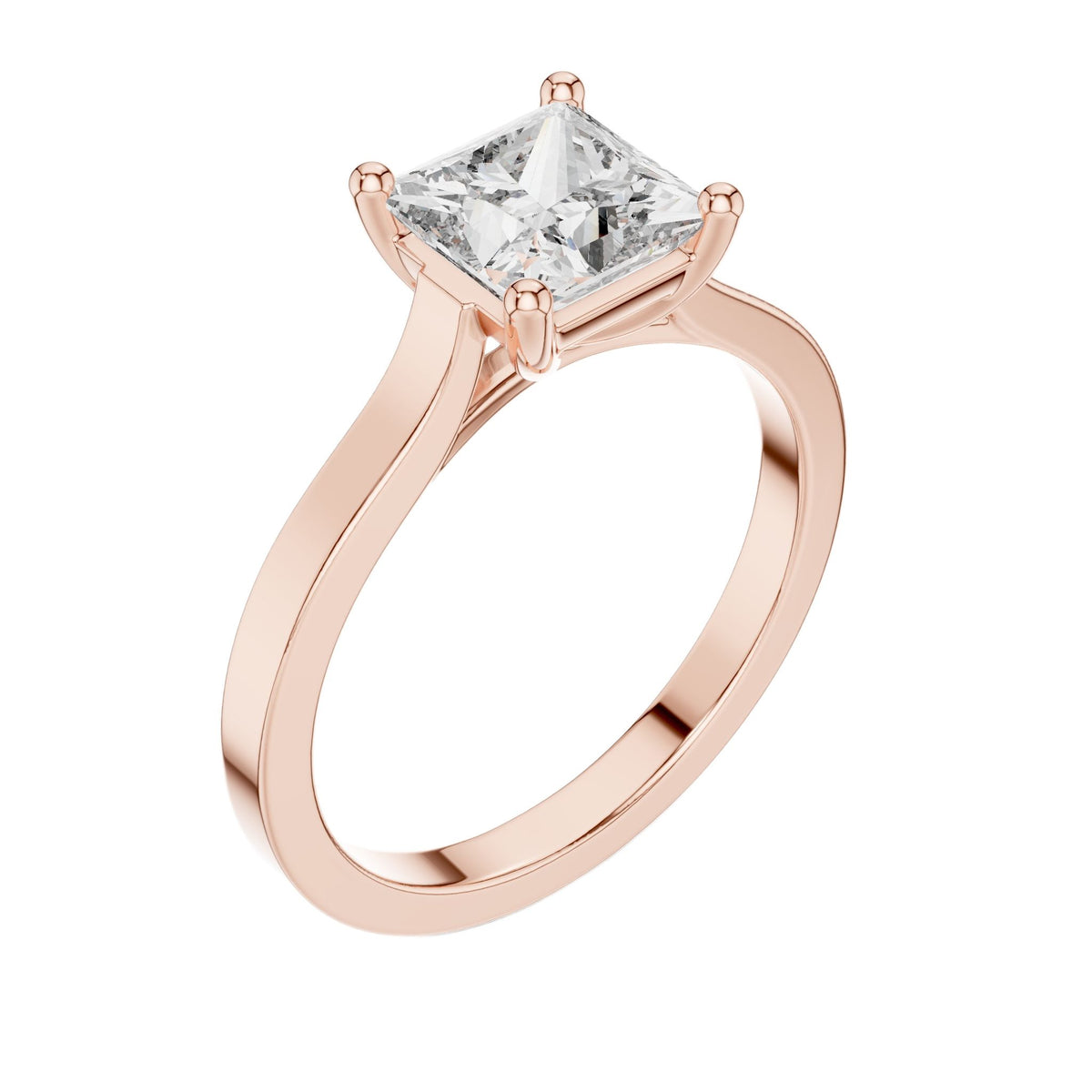 Rose gold princess-cut solitaire engagement ring with square center diamond, angled view