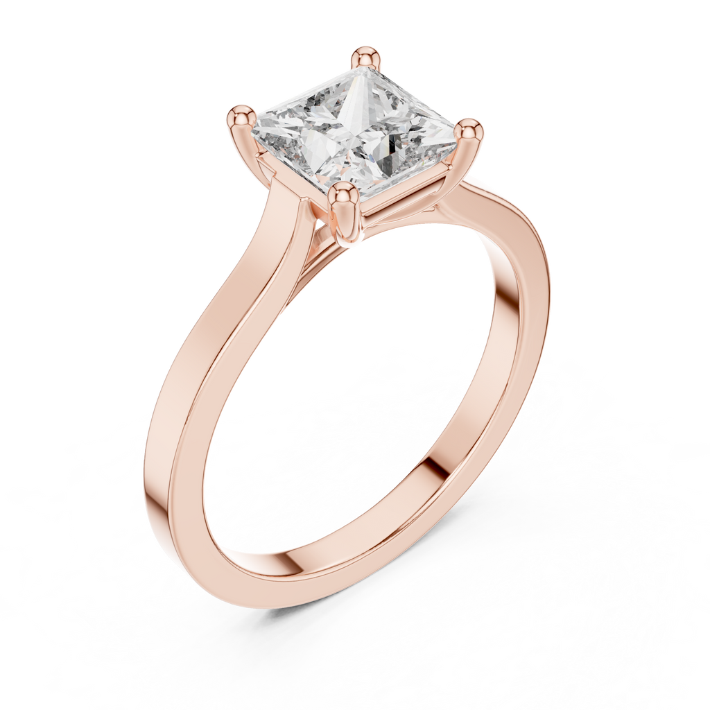 Rose gold princess-cut solitaire engagement ring with square center diamond, angled view