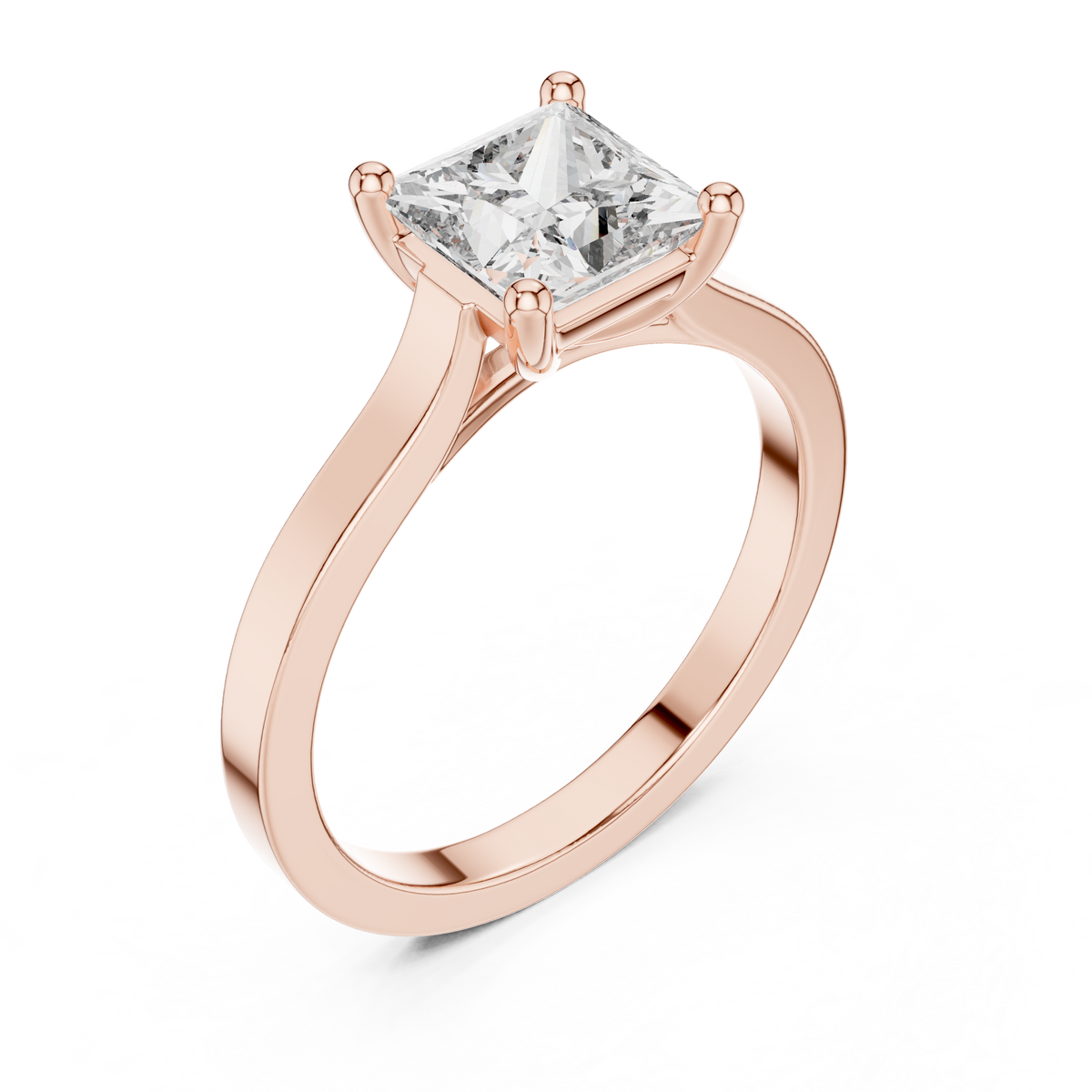 Rose gold princess-cut solitaire engagement ring with square center diamond, angled view