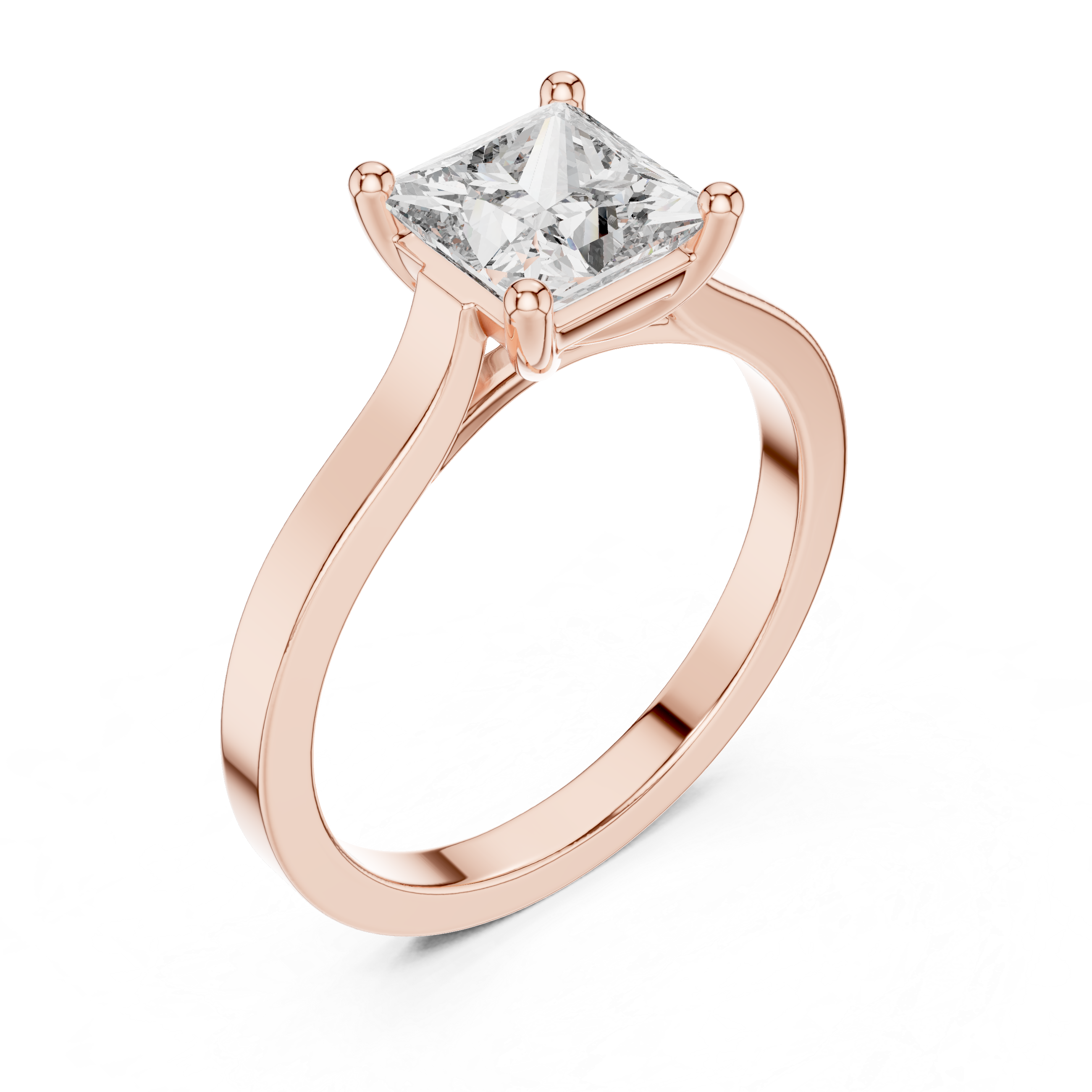 Rose gold princess-cut solitaire engagement ring with square center diamond, angled view