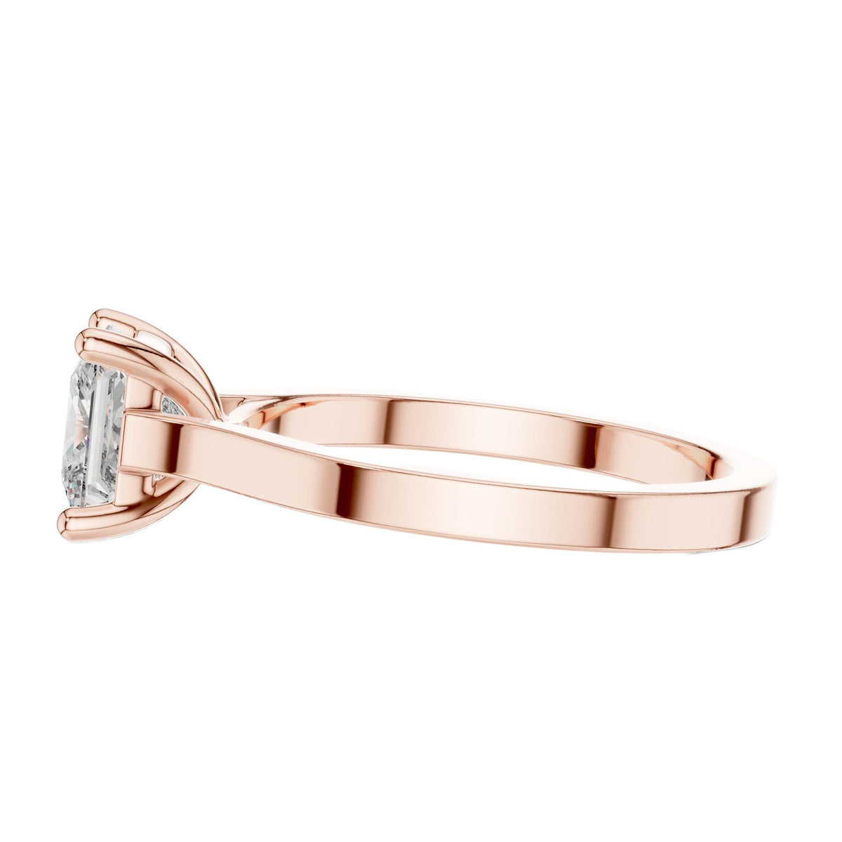 Rose gold princess-cut solitaire engagement ring, band profile with raised square setting