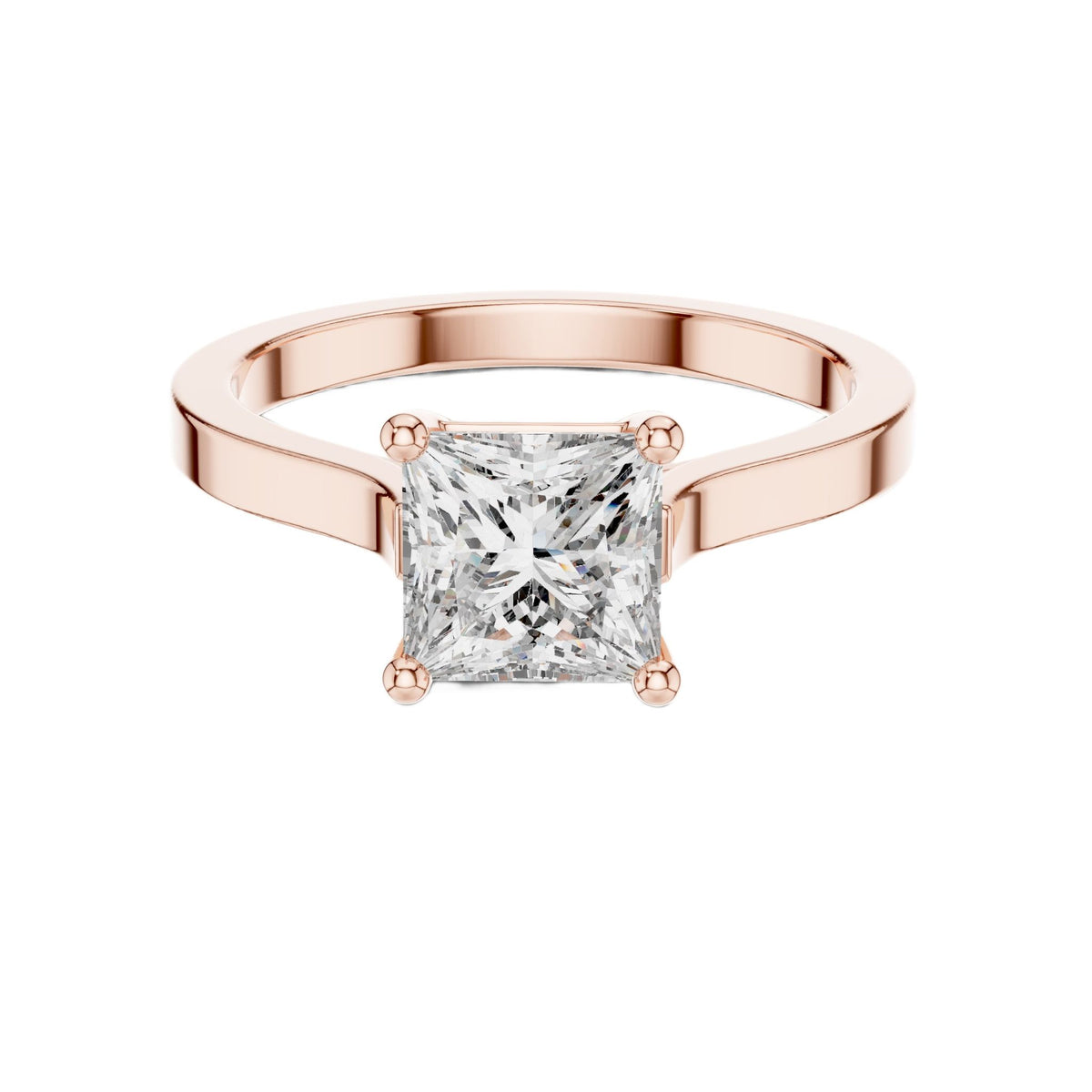 Rose gold princess-cut solitaire engagement ring with square center diamond, front view