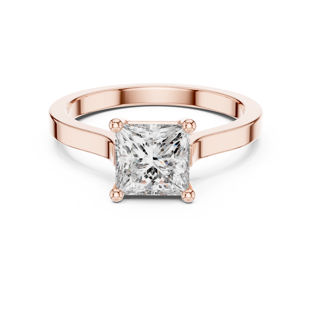 Rose gold princess-cut solitaire engagement ring with square center diamond, front view