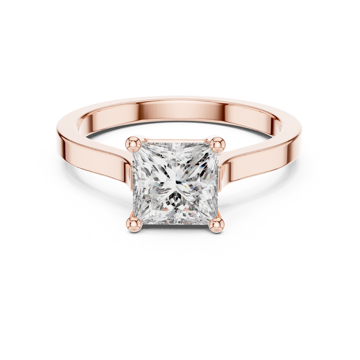 Rose gold princess-cut solitaire engagement ring with square center diamond, front view