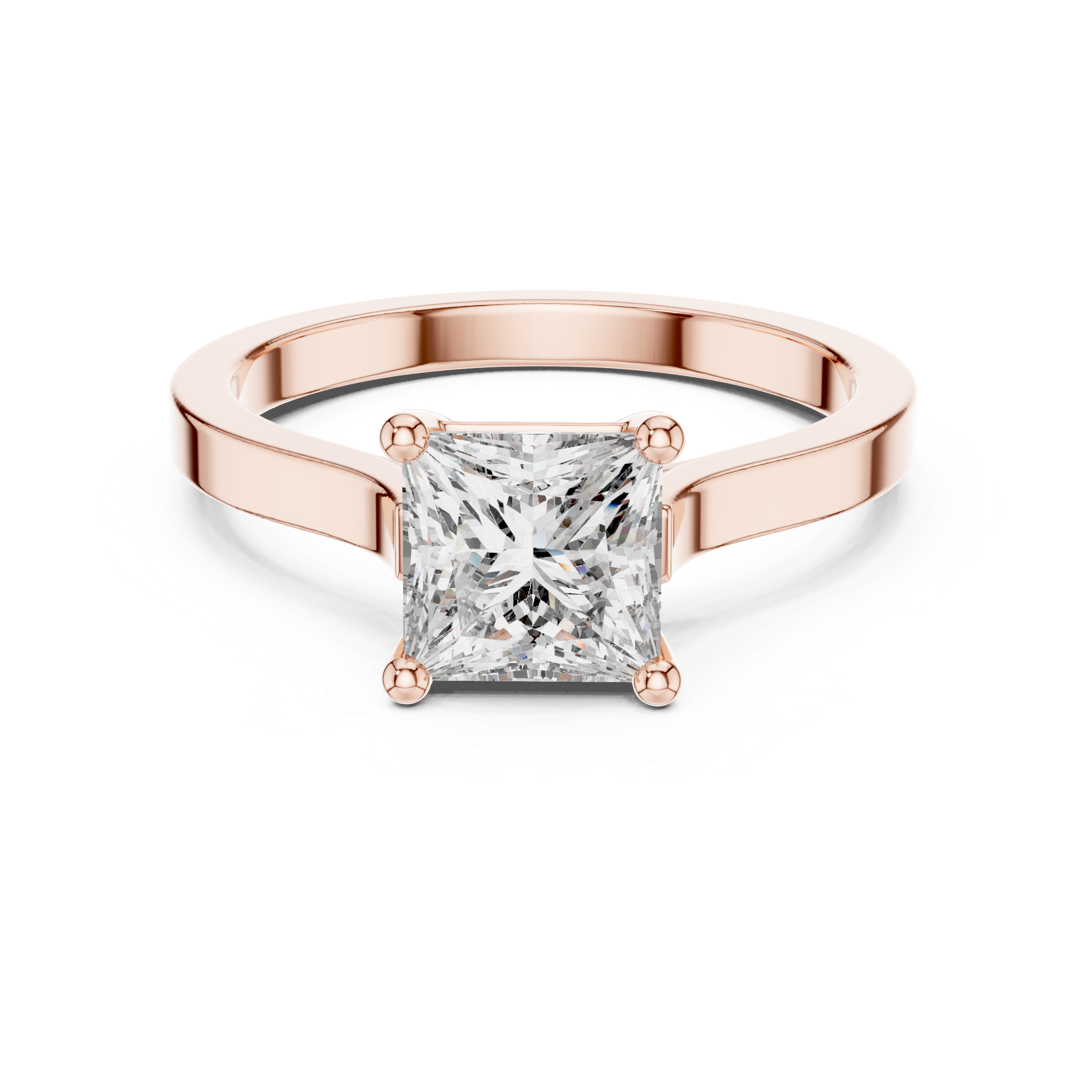 Rose gold princess-cut solitaire engagement ring with square center diamond, front view
