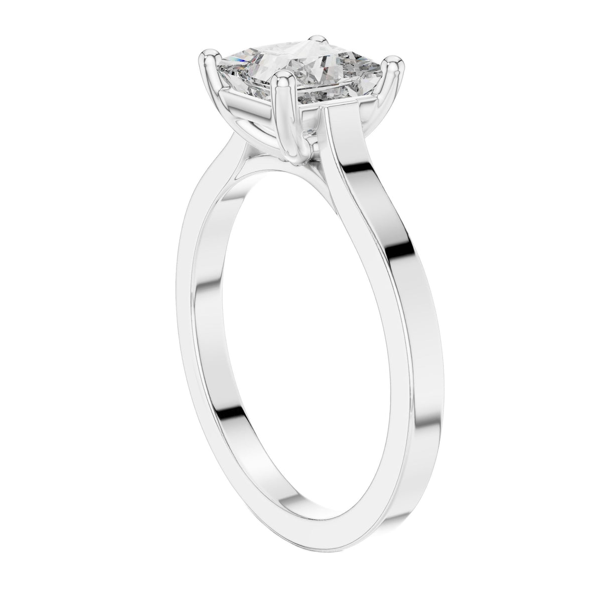 Platinum princess-cut solitaire engagement ring with square center diamond, side view
