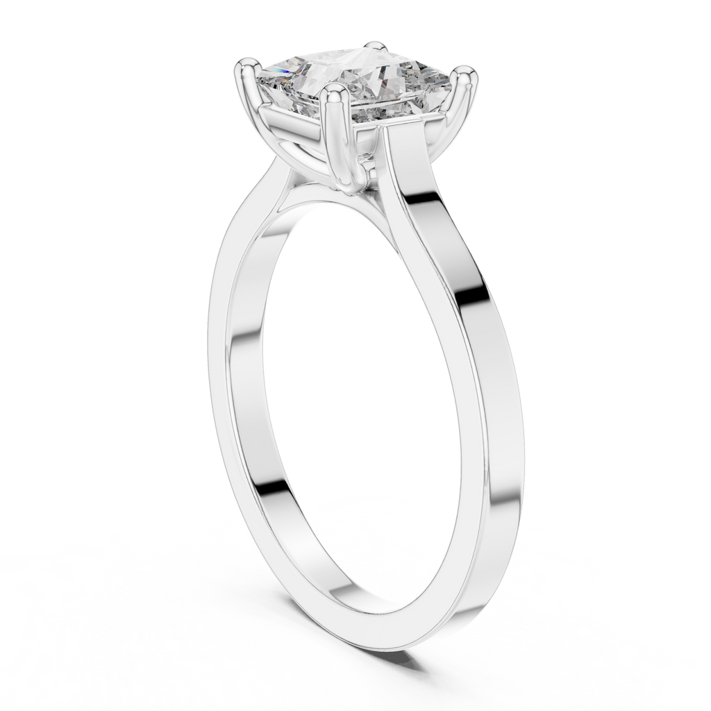 Platinum princess-cut solitaire engagement ring with square center diamond, side view