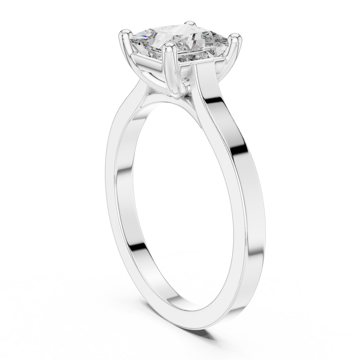 Platinum princess-cut solitaire engagement ring with square center diamond, side view