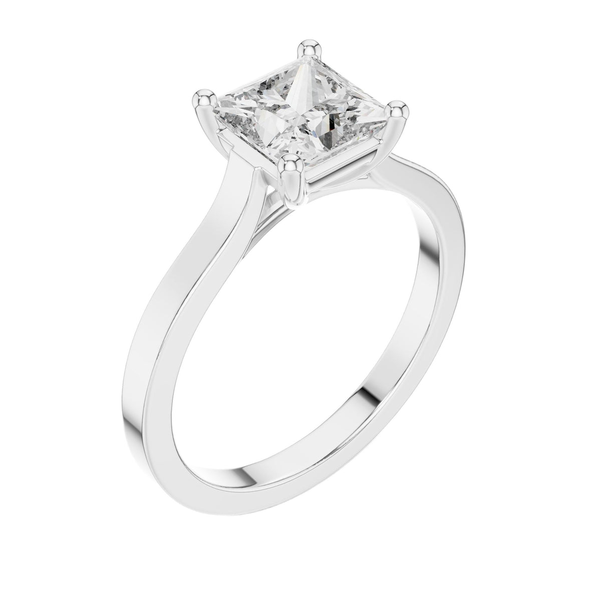 Platinum princess-cut solitaire engagement ring with square center diamond, angled view