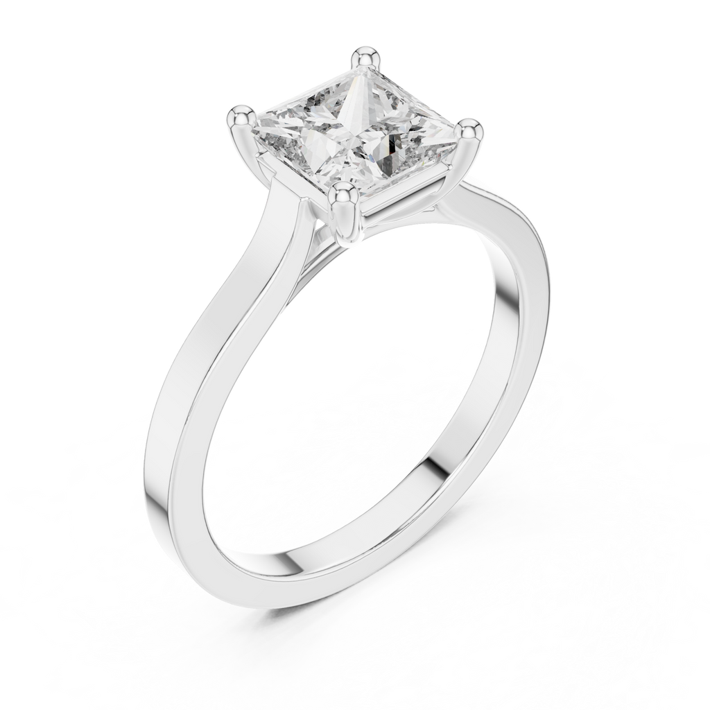 Platinum princess-cut solitaire engagement ring with square center diamond, angled view