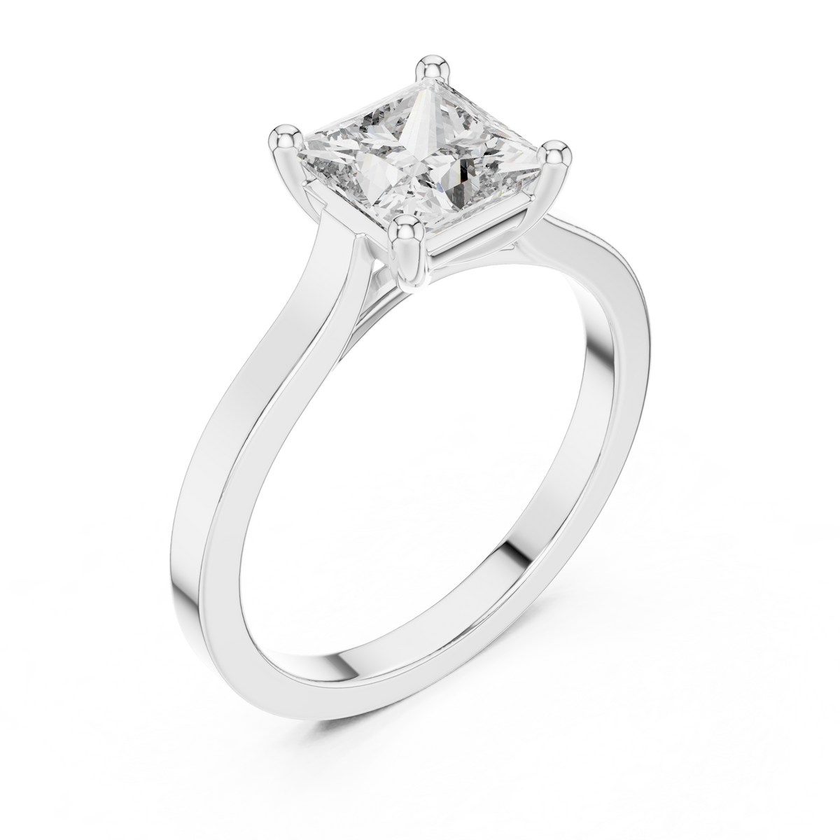 Platinum princess-cut solitaire engagement ring with square center diamond, angled view