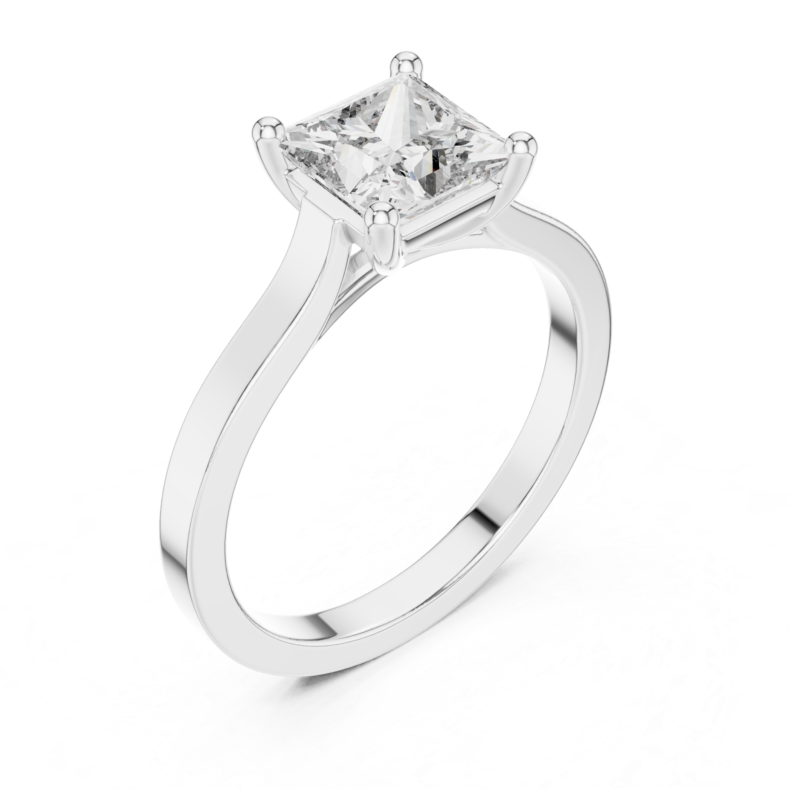 Platinum princess-cut solitaire engagement ring with square center diamond, angled view