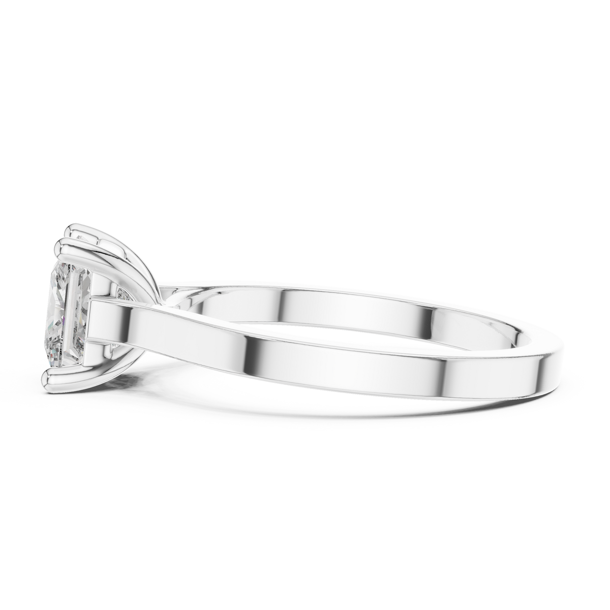 Platinum princess-cut solitaire engagement ring, band profile with square setting