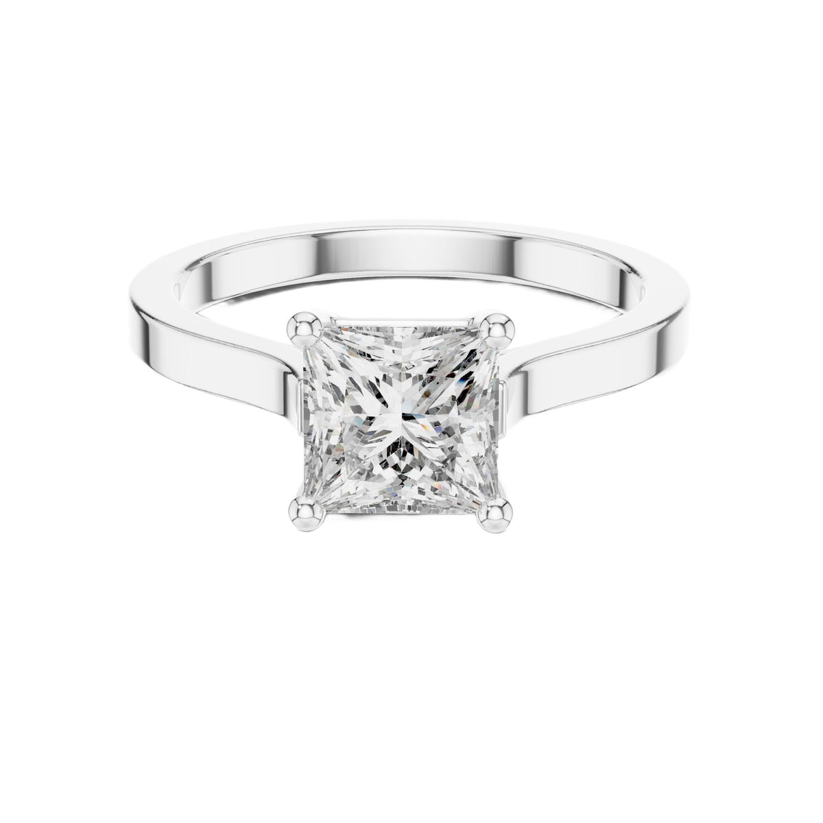 Platinum princess-cut solitaire engagement ring with square center diamond, front view