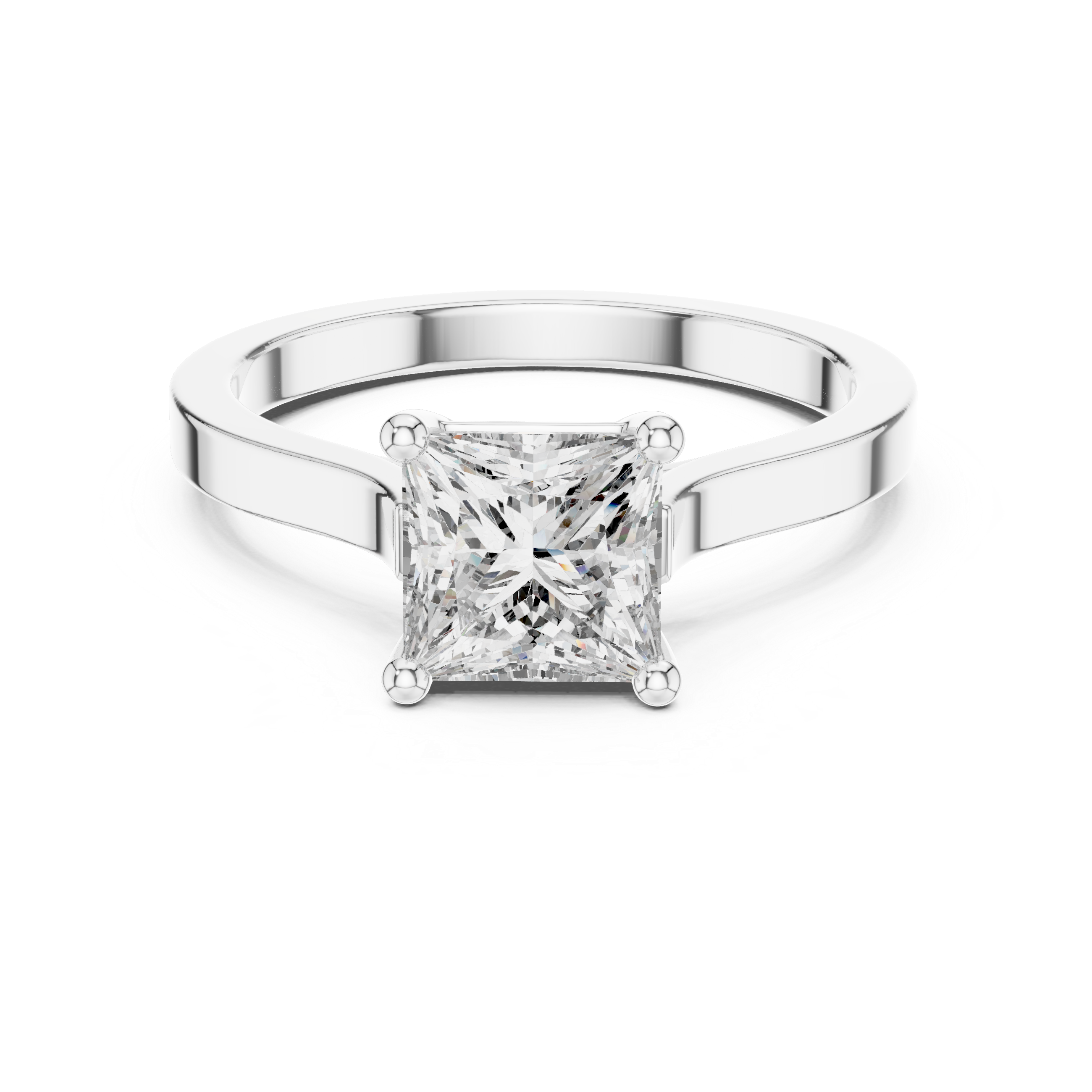 Platinum princess-cut solitaire engagement ring with square center diamond, front view