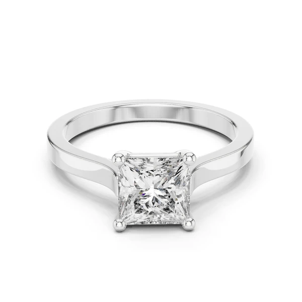 White gold princess-cut diamond solitaire ring with four-prong setting