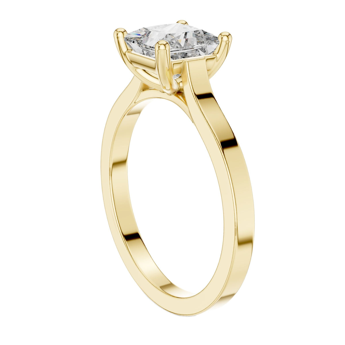 Yellow gold princess-cut diamond solitaire ring with four-prong setting