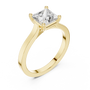 Yellow gold princess-cut diamond solitaire ring, angled view, four prongs