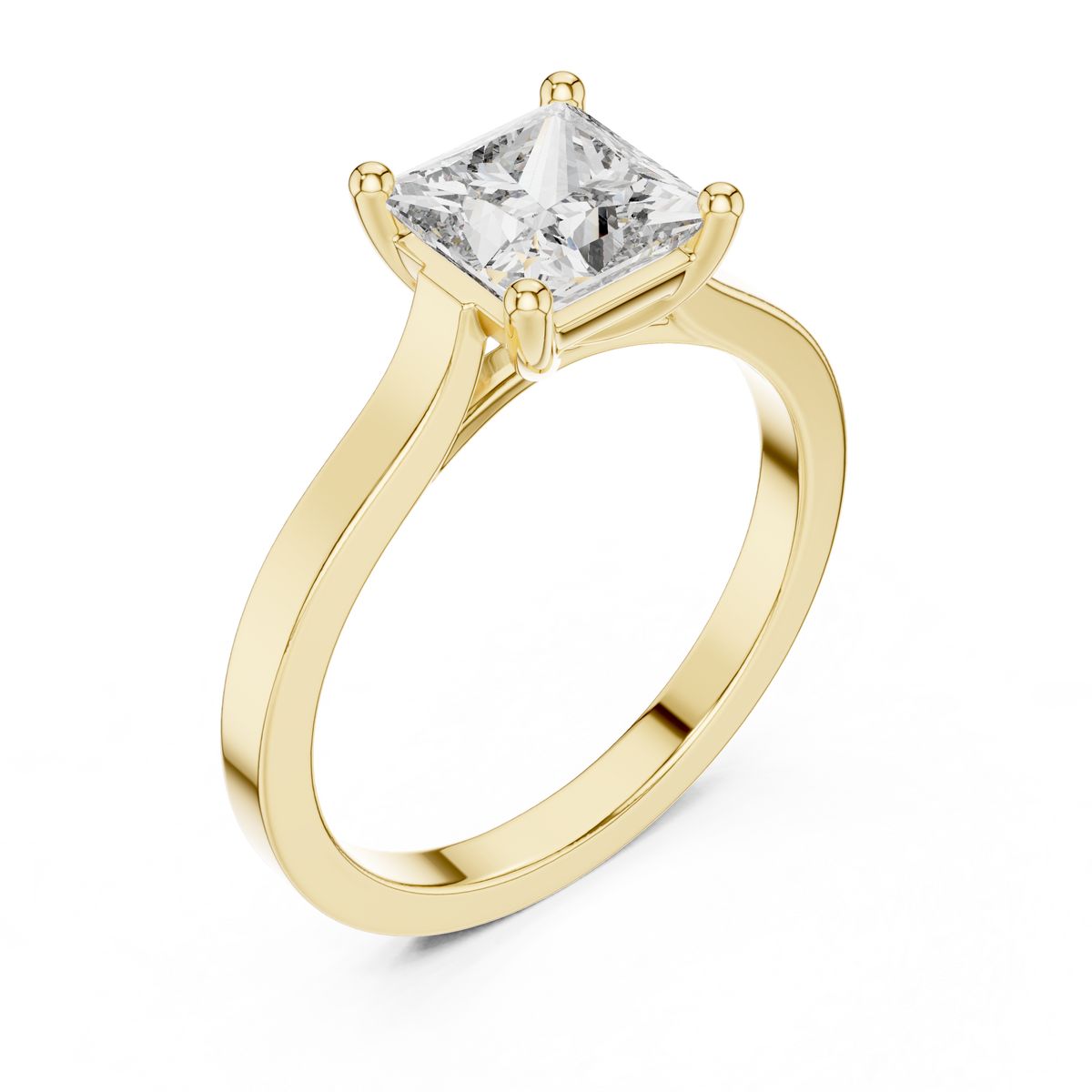 Yellow gold princess-cut diamond solitaire ring, angled view, four prongs