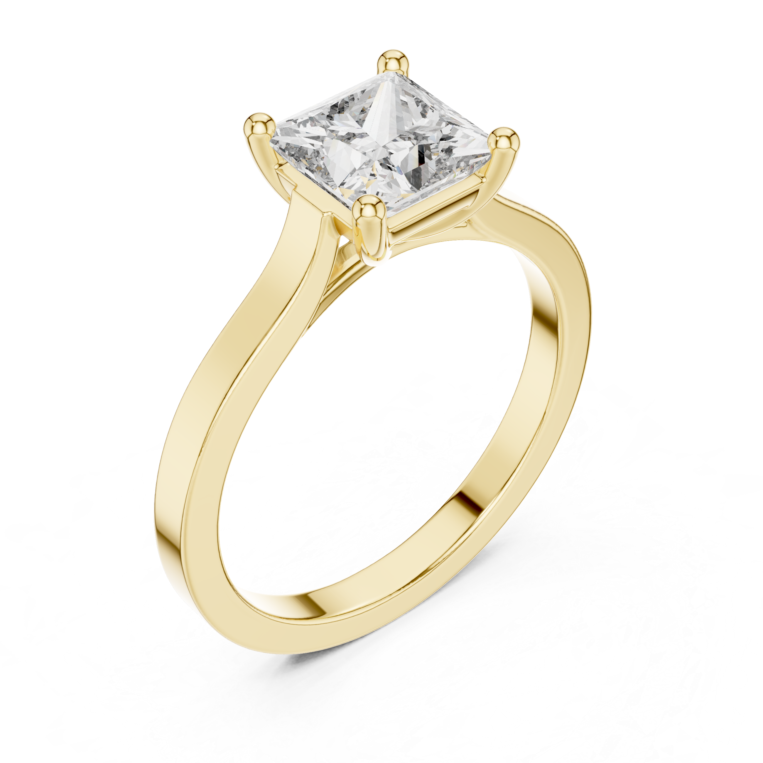 Yellow gold princess-cut solitaire engagement ring with square center diamond, angled view