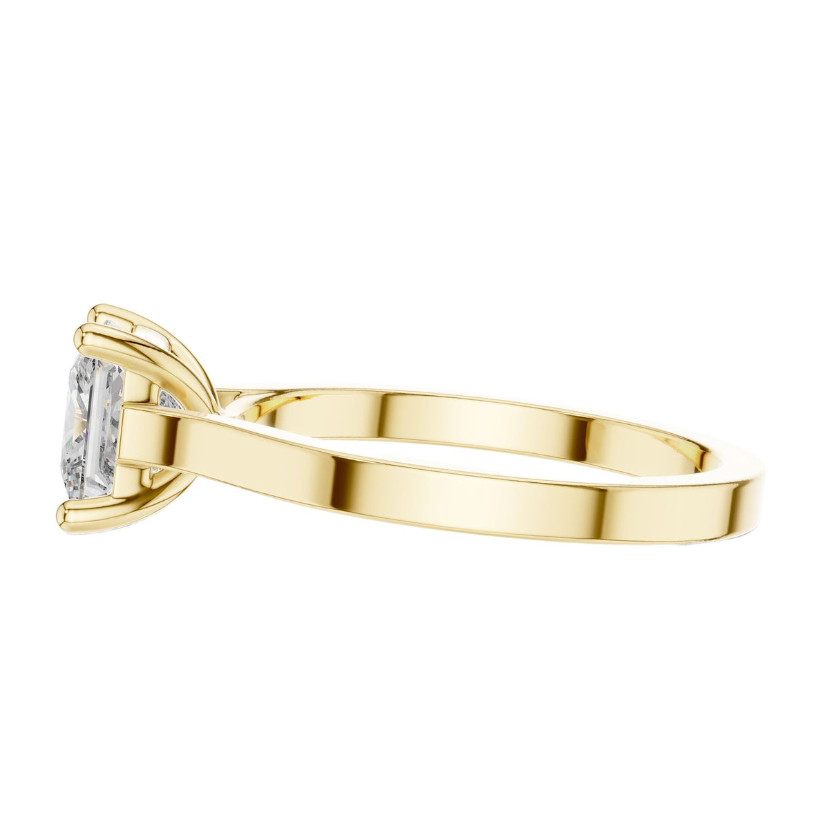 Yellow gold solitaire diamond ring, side view with princess-cut stone