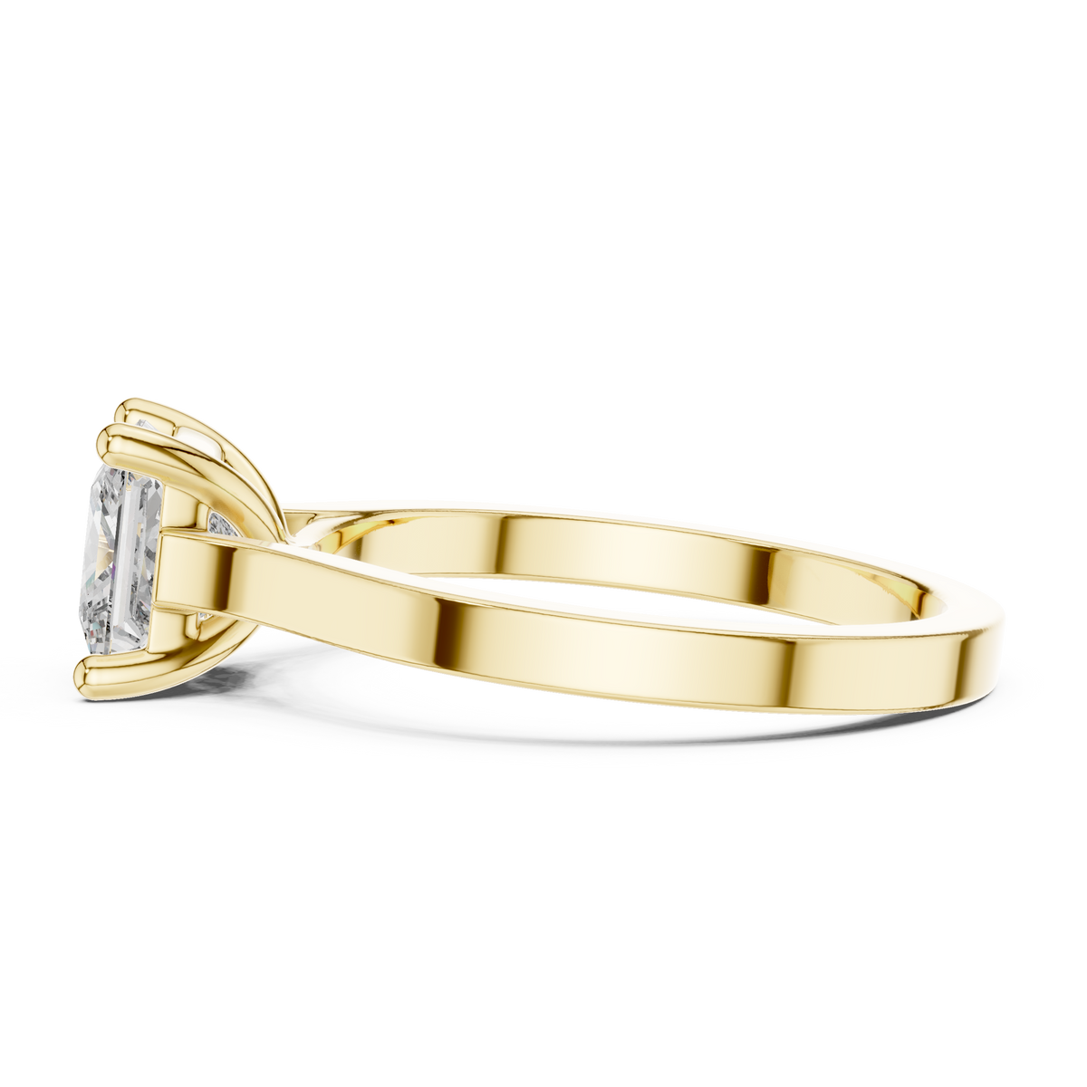 Yellow gold solitaire diamond ring, side view with princess-cut stone